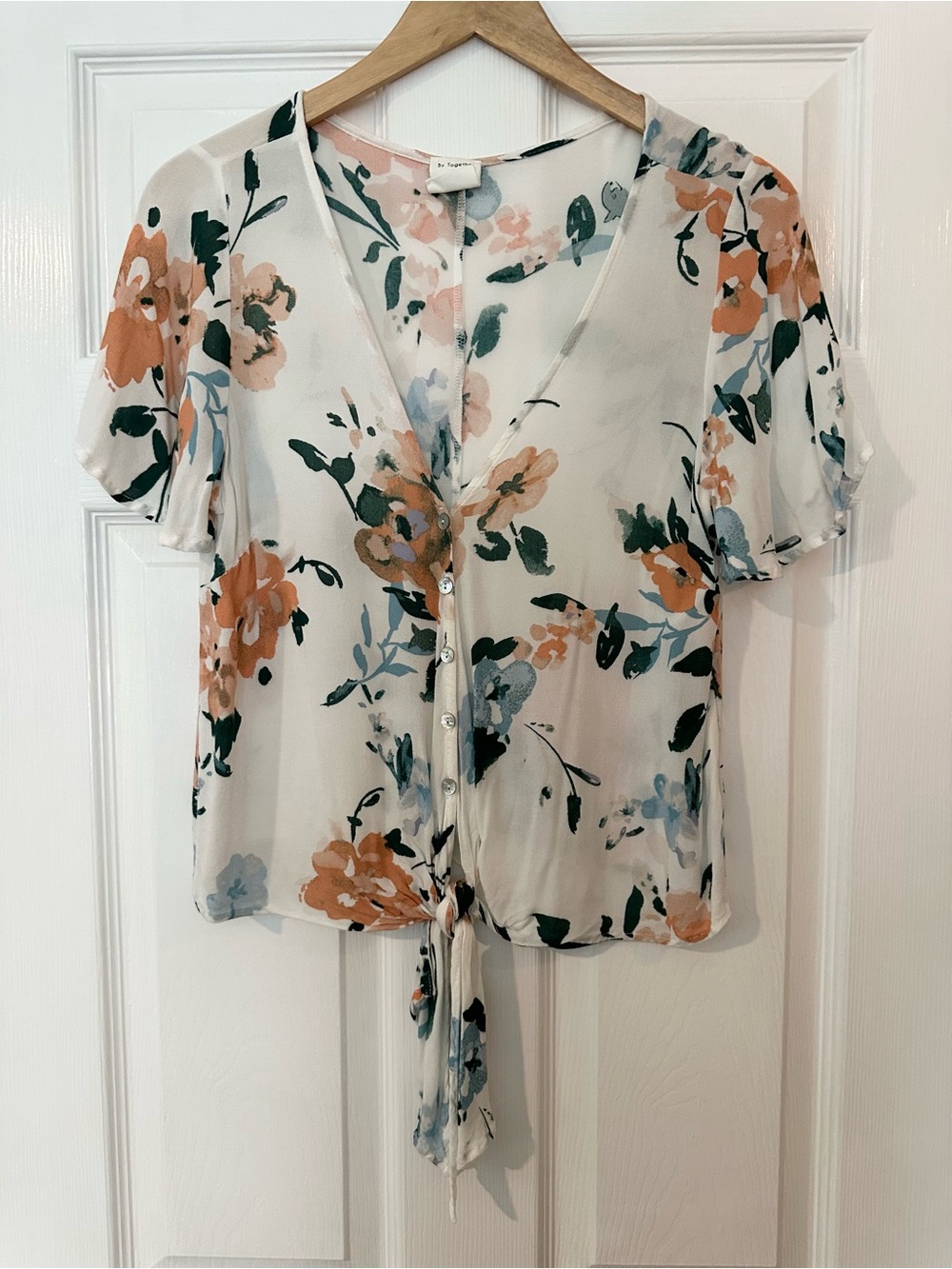 By Together Women’s Floral Tie-Front Blouse - White with Peach & Green